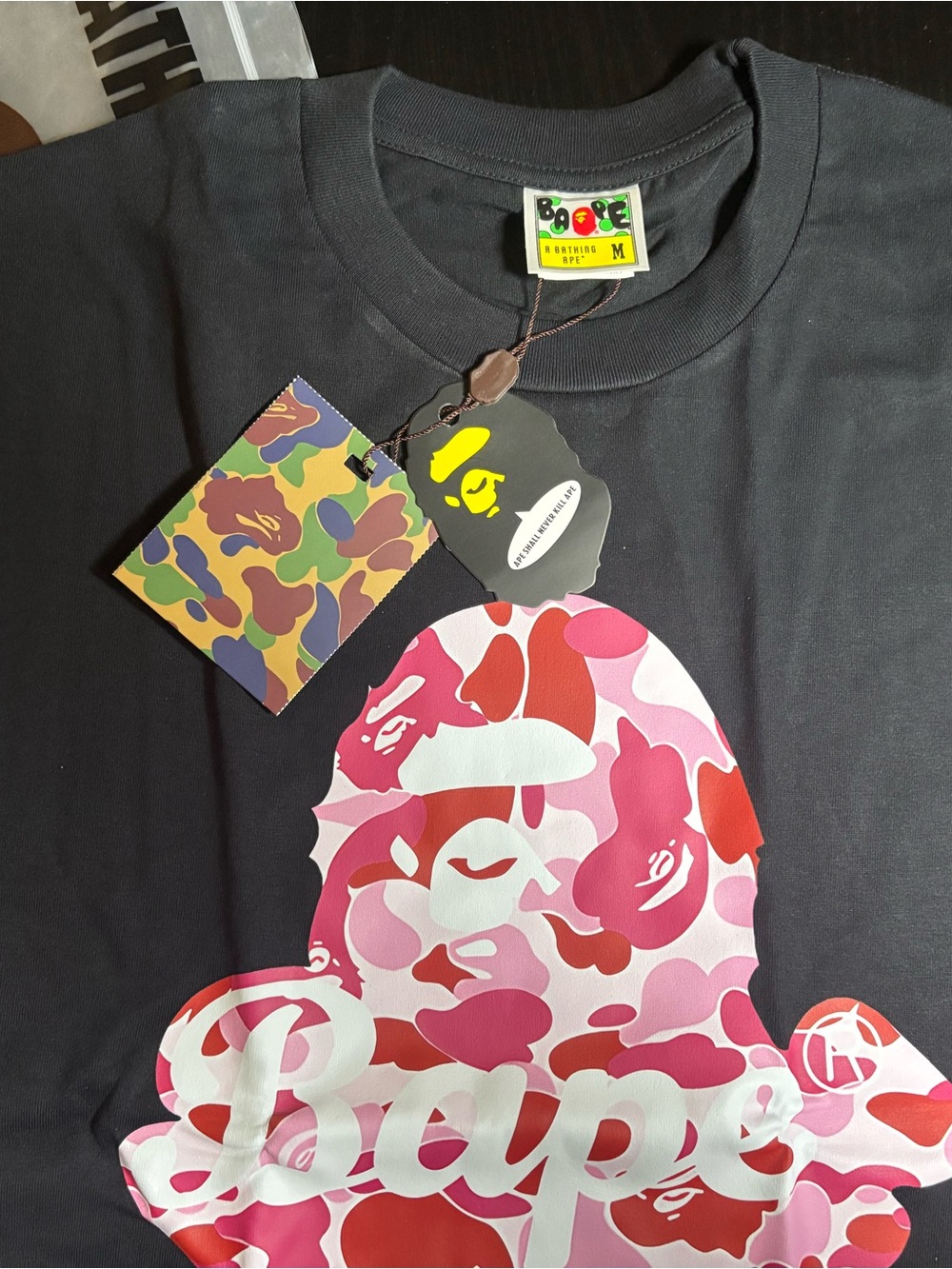 Men's Black Short-Sleeve Tee with Pink Camo Ap